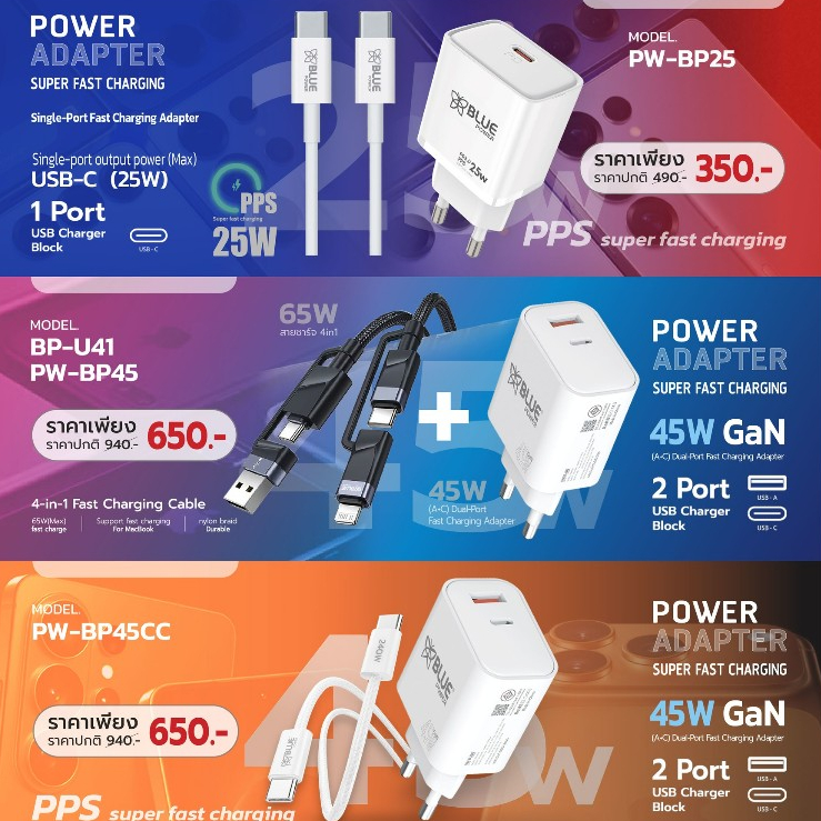 BLUEPOWER รวมชุดชาร์จเร็ว 45w และ 25W มีเทคโนโลยี GaN & PPS
