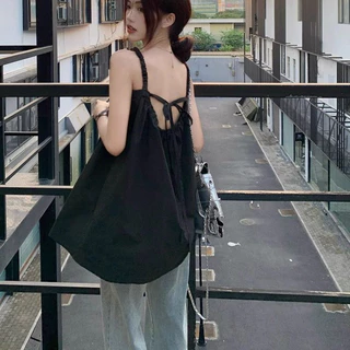 เสื้อกล้ามสายเดี่ยวสีเรียบ สไตล์ฝรั่งเศส แขนกุด ใส่เที่ยวทะเล เปิดหลัง