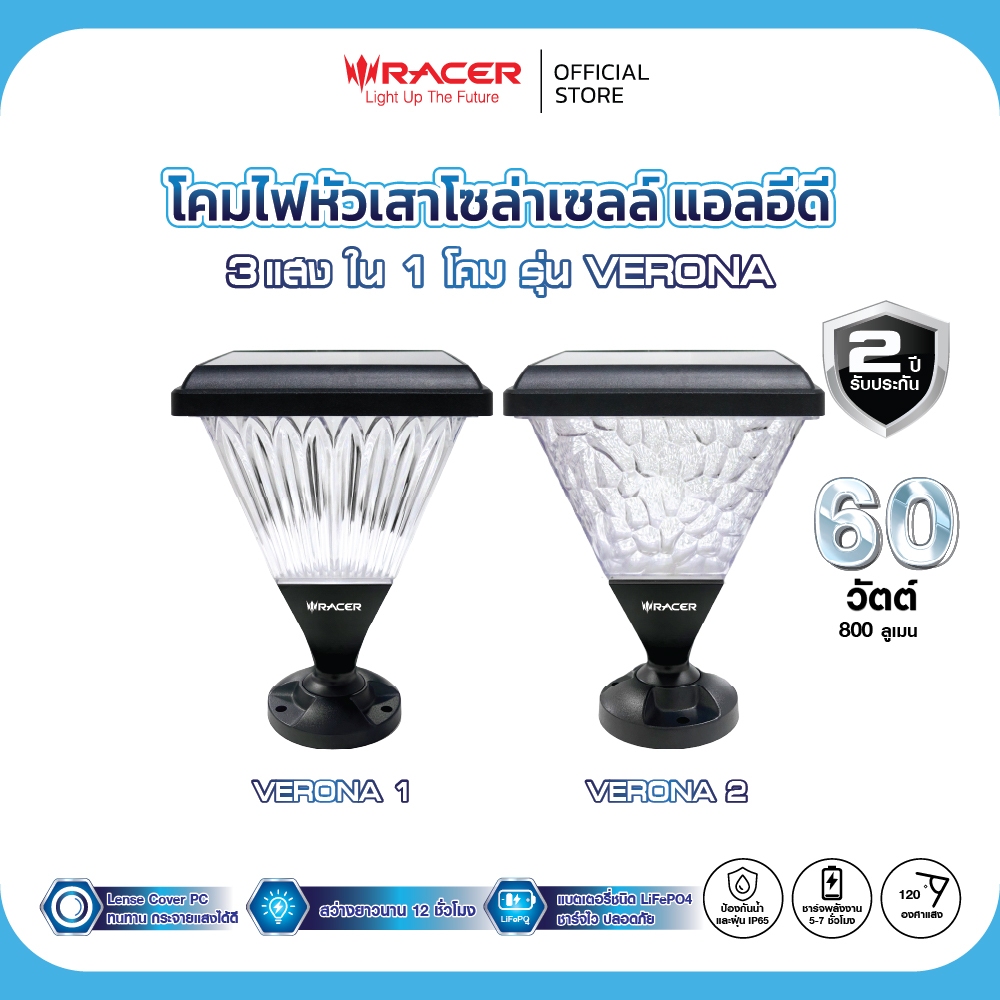 Racer(เรเซอร์) โคมไฟหัวเสา โซล่าเซลล์ 3 แสง รุ่น เวโรนา