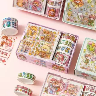 KiKi สติกเกอร์น่ารัก + เทปวาชิ ลายการ์ตูนคิ้วท์ 4 แผ่น + 4 ม้วน เซ็ต DIY ตกแต่งสมุด ของขวัญสุดคิ้วท์