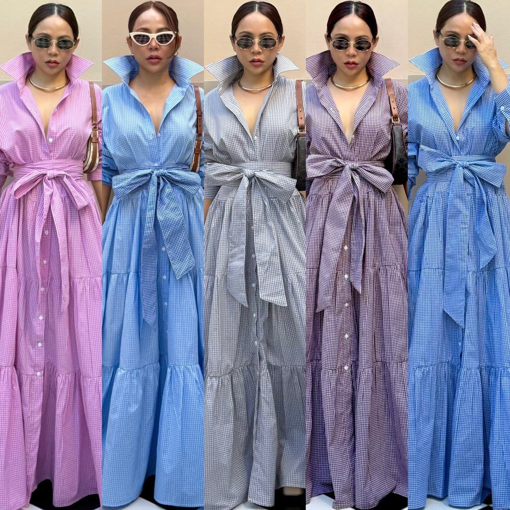 Bright by Aruna:เดรสยาวระบาย3ชั้น ลายตารางเล็ก“MAXIDRESS TIERED”(Mini Gingham)