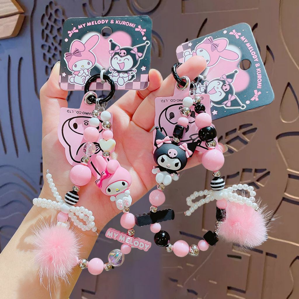 (ลิขสิทธิ์แท้) สายห้อยโทรศัพท์ Sanrio Kuromi / My Melody แบบลูกปัด พวงกุญแจห้อยกระเป๋า พวงกุญแจน่ารัก