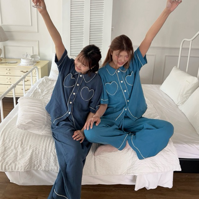imjoy pajamas ชุดนอนโนบราผ้าสาลูแขนสั้น-ขายาว/ขาสั้น สีน้ำเงิน