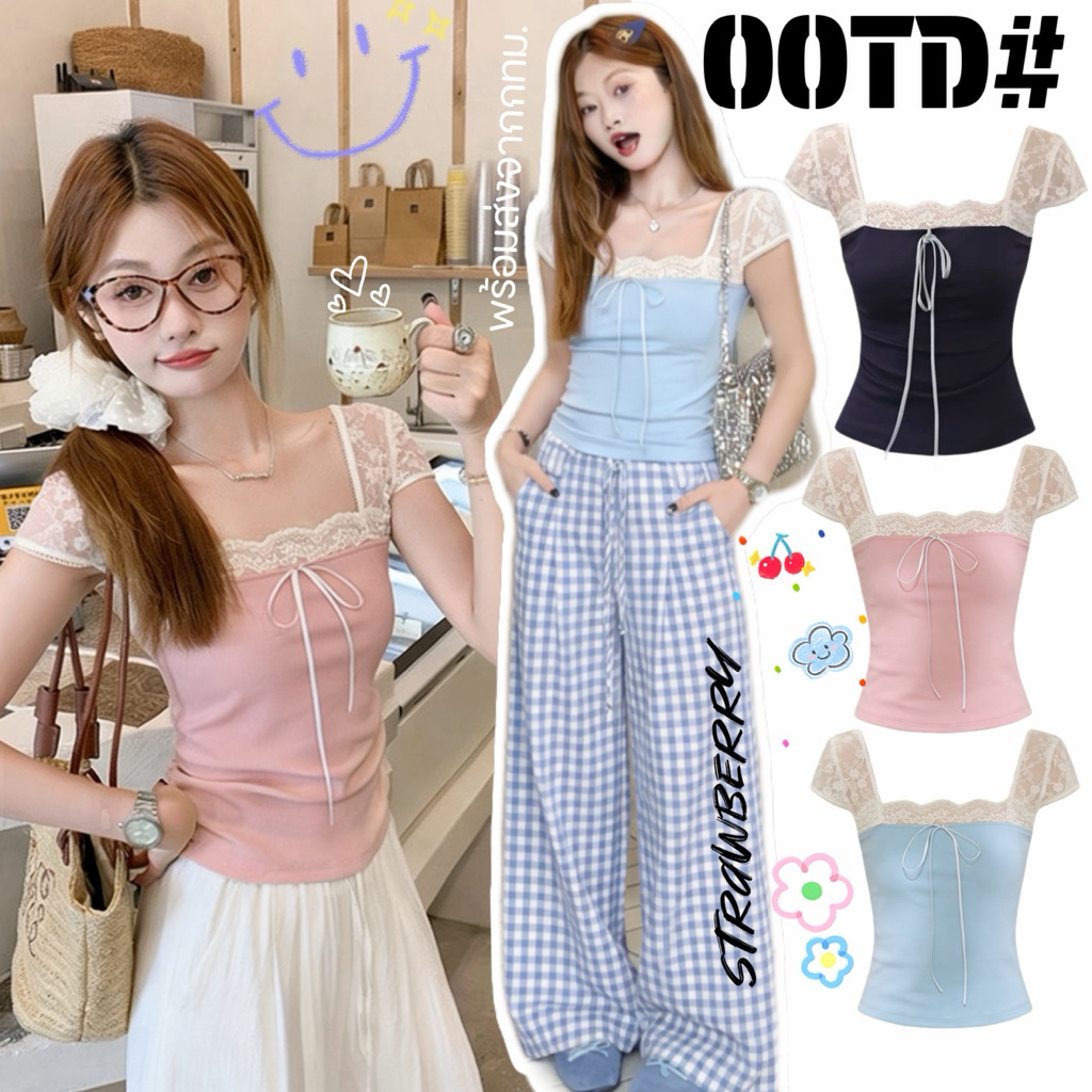 STR พร้อมส่ง🌷💦เสื้อแขนสั้น ทรงครอปแต่งลูกไม้ ดีไซน์โบว์เก๋ๆ เสื้อยืดคอสี่เหลี่ยม ทรงลำลอง สไตล์ฝรั่งเศส แฟชั่นผู้หญิง