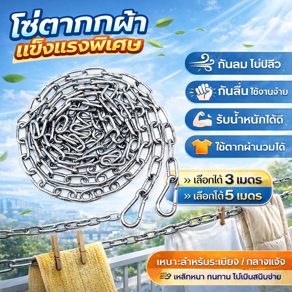 โซ่ตากผ้า เหล็กหนา แข็งแรงพิเศษ กันลม กันลื่น รับน้ำหนักดี มีให้เลือก 3 / 5 เมตร