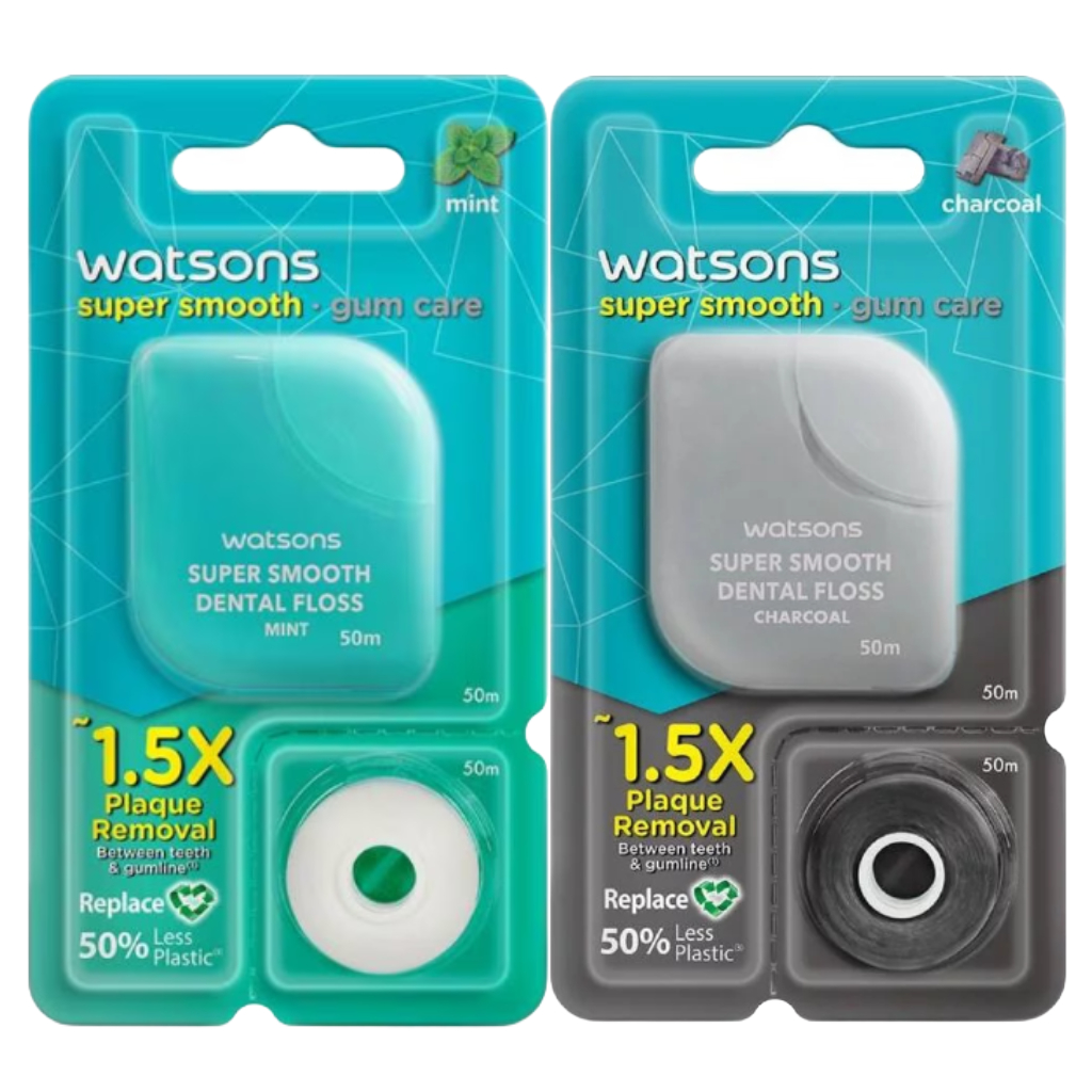 Watsons วัตสัน ไหมขัดฟัน ชาร์โคล กลิ่นมิ้นต์ 50 เมตร พร้อมรีฟิล. ช่วยลดกลิ่นไม่พึงประสงค์