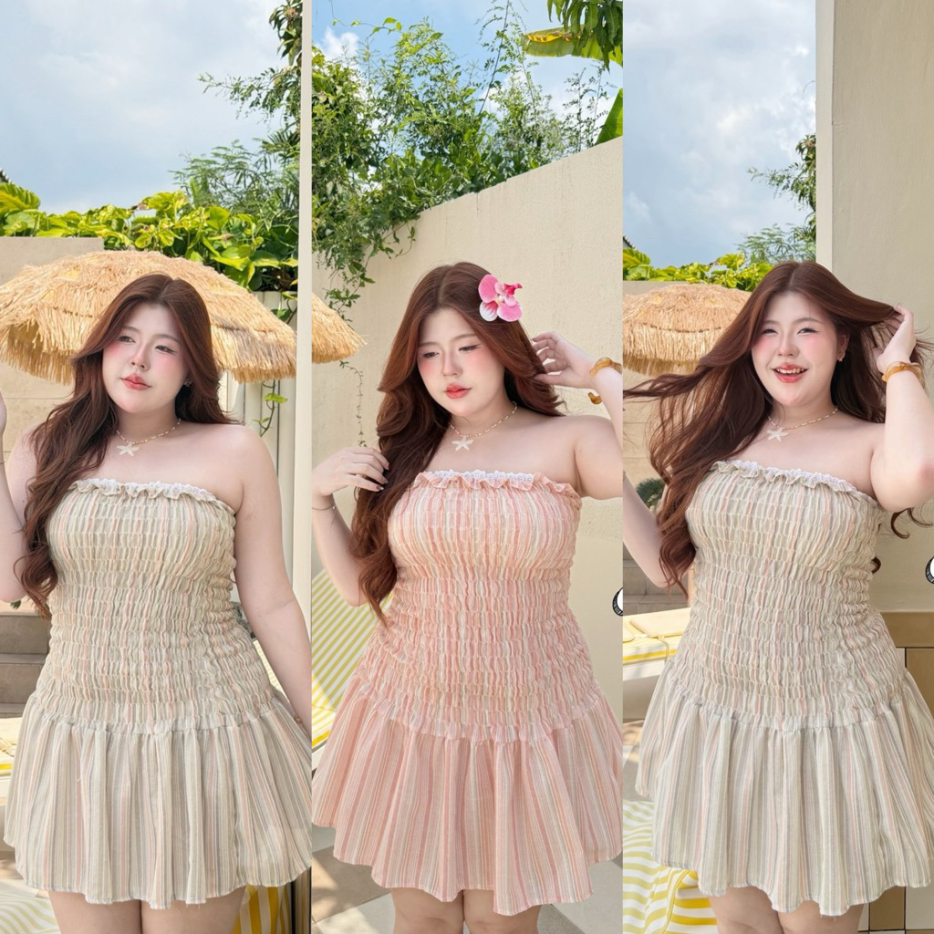 Stripe Minidress - มินิเดรสเกาะอกแต่งชายระบาย ผ้าลายริ้วน่ารัก สาวอวบ ไซส์ใหญ่