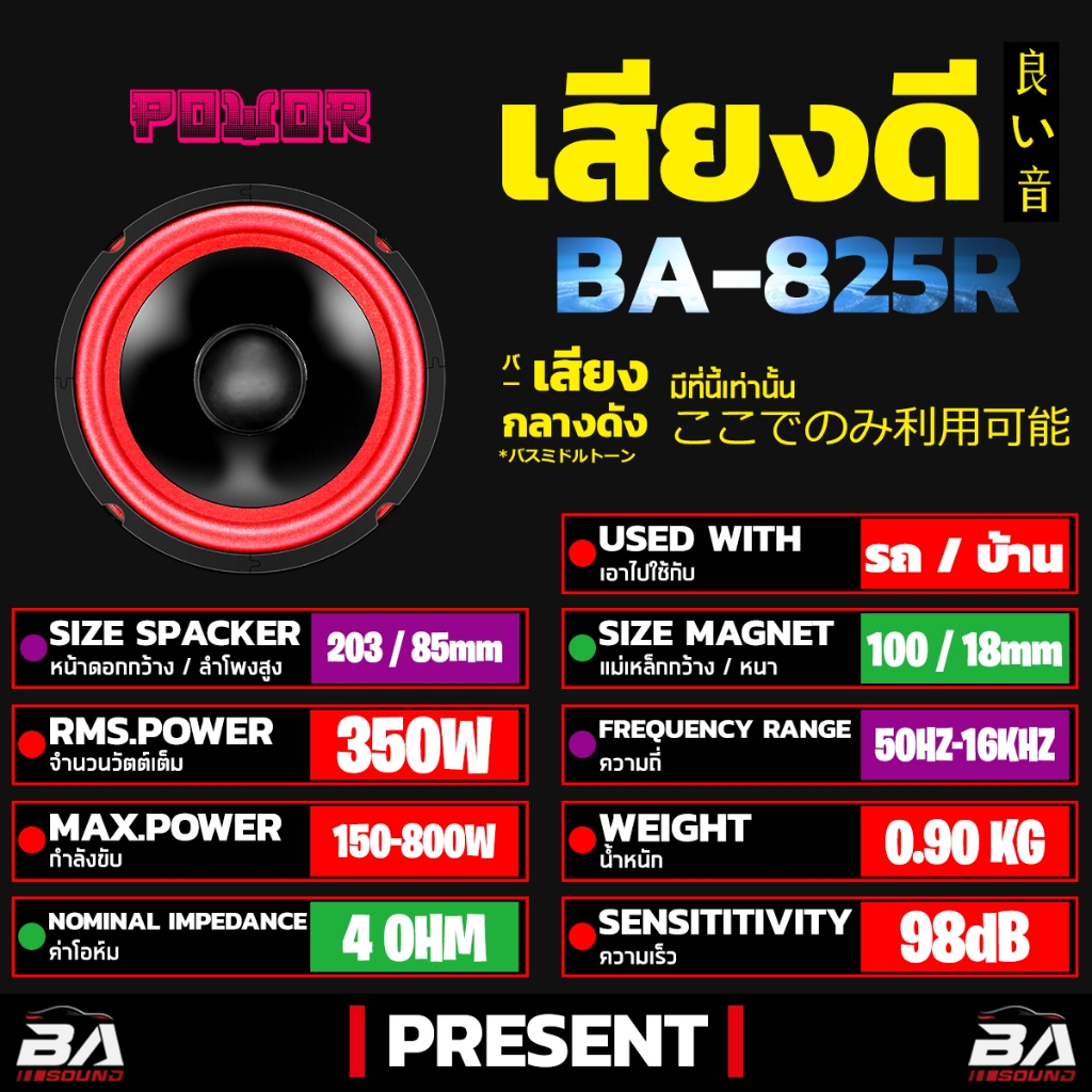 BA SOUND ลำโพงเสียงกลาง 8 นิ้ว 350W 4OHM เสียงดังชัด แน่นพุ่งไกล BA-825R ดอกลำโพง 8 นิ้ว ลำโพงบ้าน ลำโพงรถยนต์ ลำโพงDIY ราคา ถูกที่สุด ดีลบีเคเค แกลเลอรีภาพที่ 2
