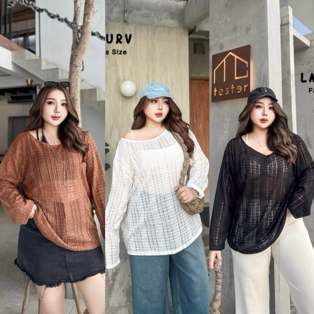 Sheer Knit - เสื้อไหมพรมซีทรูแขนยาว คอกว้างเปิดไหล่ ใส่คลุมบิกินี่ได้ สาวอวบ ไซส์ใหญ่ อก40-54นิ้ว