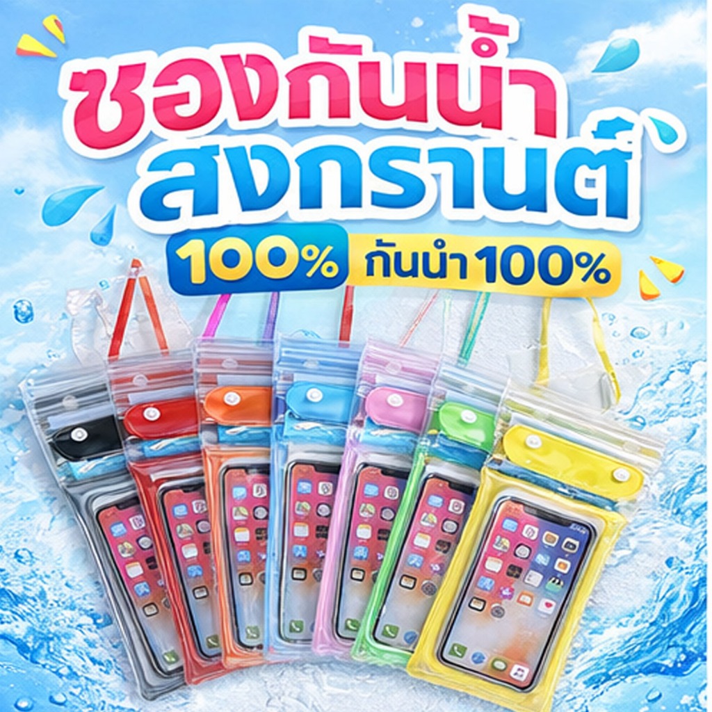 รุ่นใหม่มีราคาส่ง ซองใส่โทรศัพท์กันน้ำ ซองมือถือกันน้ำ ถุงลม ล็อค3ชั้นน่ารัก ใช้เล่นน้ำสงกรานต์ แถมสายห้อยคอ ขนาด6.8นิ้ว