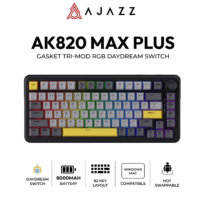 คีย์บอร์ดเกมมิ่ง Ajazz AK820 Max Plus 8000mAh Gasket Tri-Mod RGB DayDream Switch Mechanical Keyboard