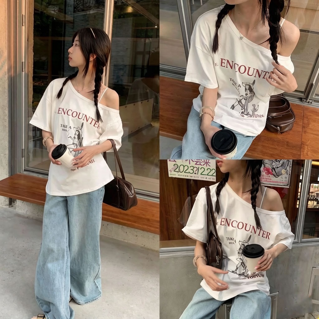 KKS🌺เสื้อปาดไหล่แขนสั้นผู้หญิง ใส่สบาย ผ้านิ่ม ทรงOversize เนื้อผ้านิ่ม สาวอวบใส่ได้ น่ารักละมุน "ENCOUNTER" 💖