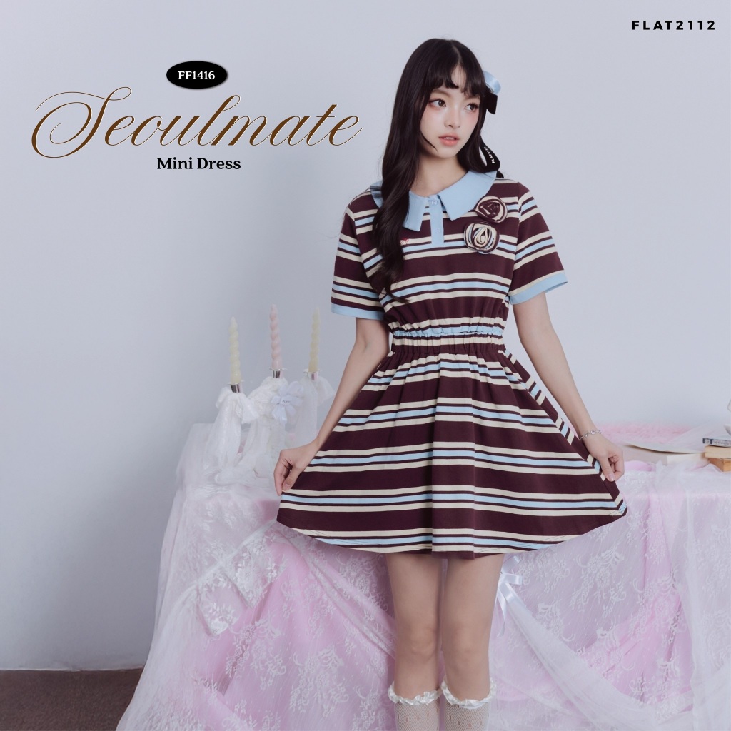 FLAT2112 : SEOULMATE MINI DRESS เดรสแฟชั่นเกาหลี เดรสเทนนิสสไตล์เกาหลี เดรสโปโล เดรสลายทาง (FF1416)
