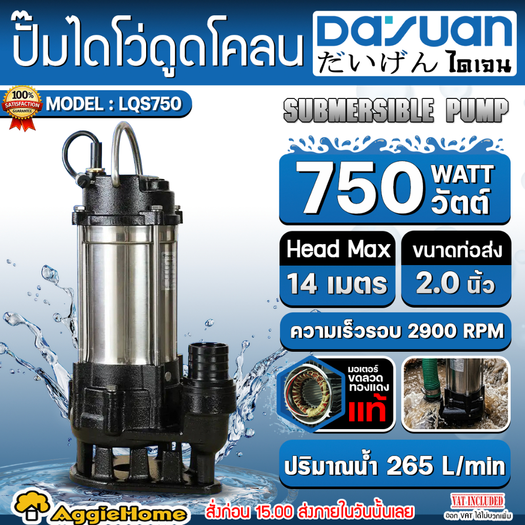 DAYUAN ปั๊มแช่ ไดโว่ ดูดโคลน รุ่น LQS750 กำลัง 750วัตต์ / ท่อออก 2นิ้ว / 220V. ปั๊มเเช่ ปั๊มดูดโคลน