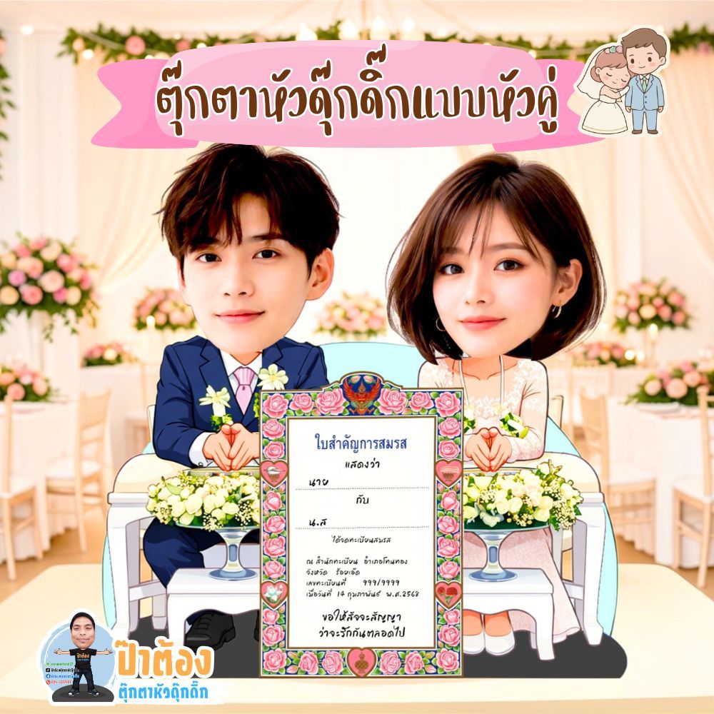 ตุ๊กตาหัวดุ๊กดิ๊กหัวคู่น่ารัก รดน้ําสังข์ ชุดสูท และ ชุดไทย
