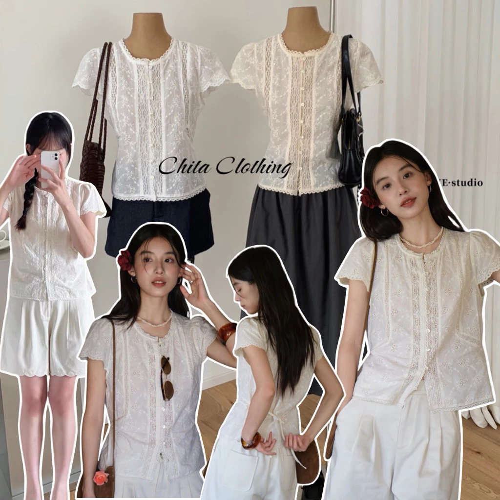 📍พร้อมส่ง📍9031 เสื้อลูกไม้แขนสั้น งานกระดุมหน้า เนื้อผ้าดี ทรงสวย TAG:WG.WE 🇰🇷