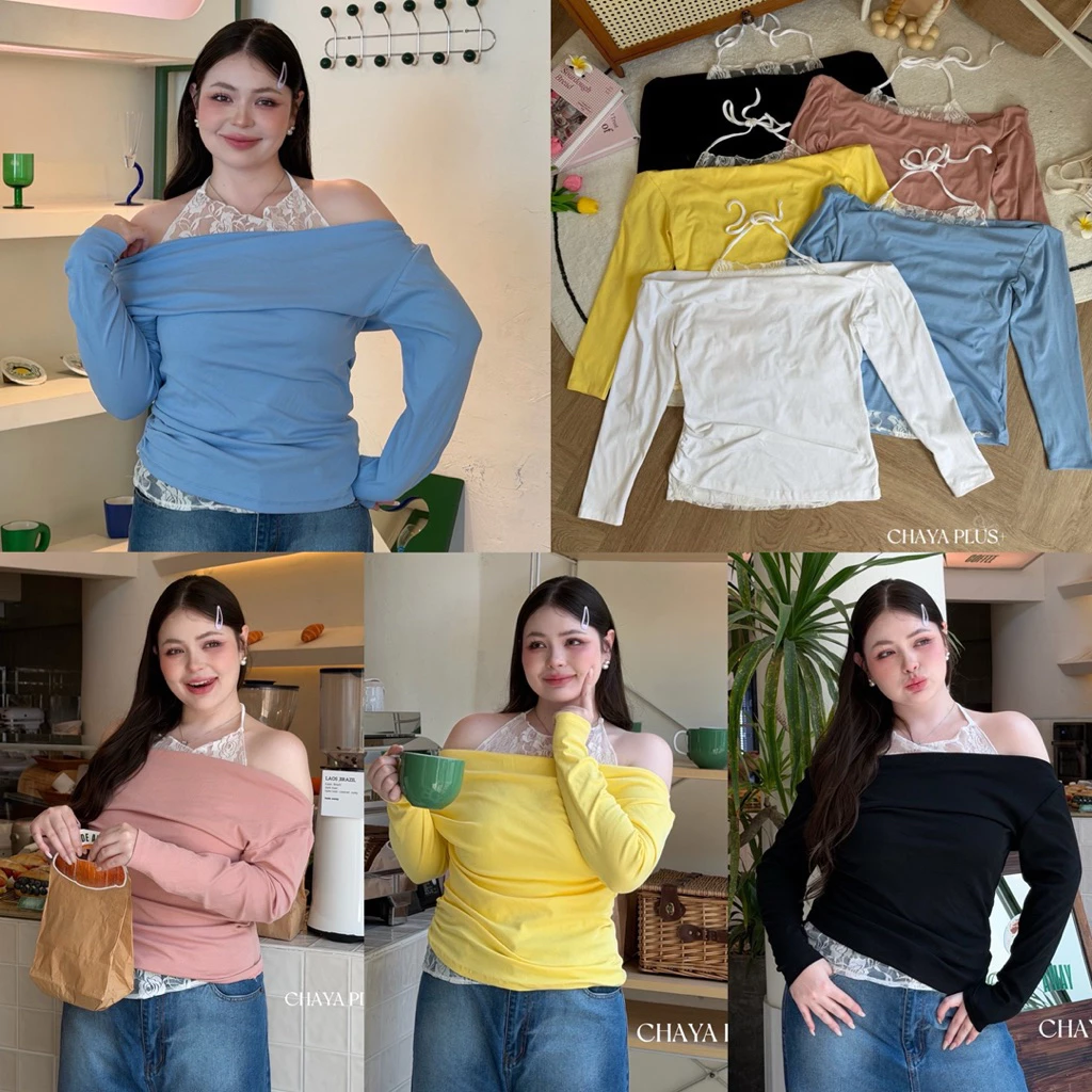 /LD/ เสื้อปาดไหล่ลูกไม้ผูกคอ มีไซส์อก38-52 ดีเทลย่นข้างแต่งลูกไม้ สีสันน่ารักสดใส แขนยาวกันแดดได้แบบไม่ร้อน ใส่สบายสุดๆ