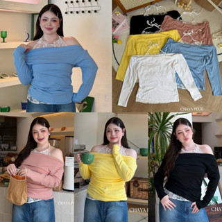 /LD/ เสื้อปาดไหล่ลูกไม้ผูกคอ มีไซส์อก38-52 ดีเทลย่นข้างแต่งล…