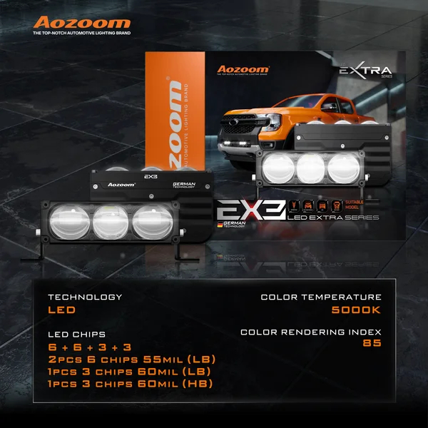 AOZOOM EX3 ไฟสปอร์ตไลท์ LED 95W เลนส์คู่ Double Cup สว่าง แสงขาว 5000K กันน้ำ IP67 ประกัน 2 ปี