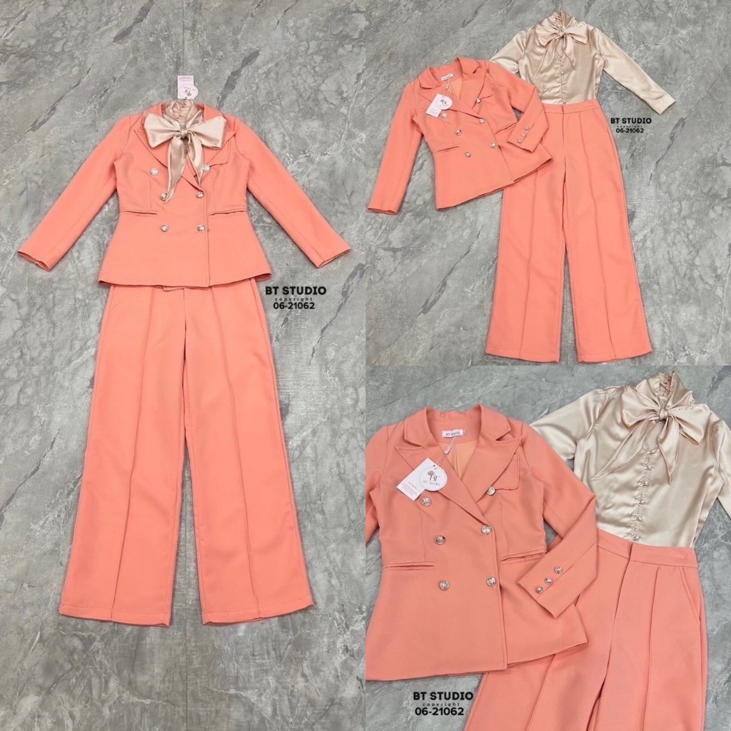 BT 06-21062 เซท 3 ชิ้น เสื้อเบเซอร์แขนยาวคอปก ปลายแขนติดกระดุมทอง เสื้อเชิ้ตผ้ามันเงากระดุม กางเกงขา