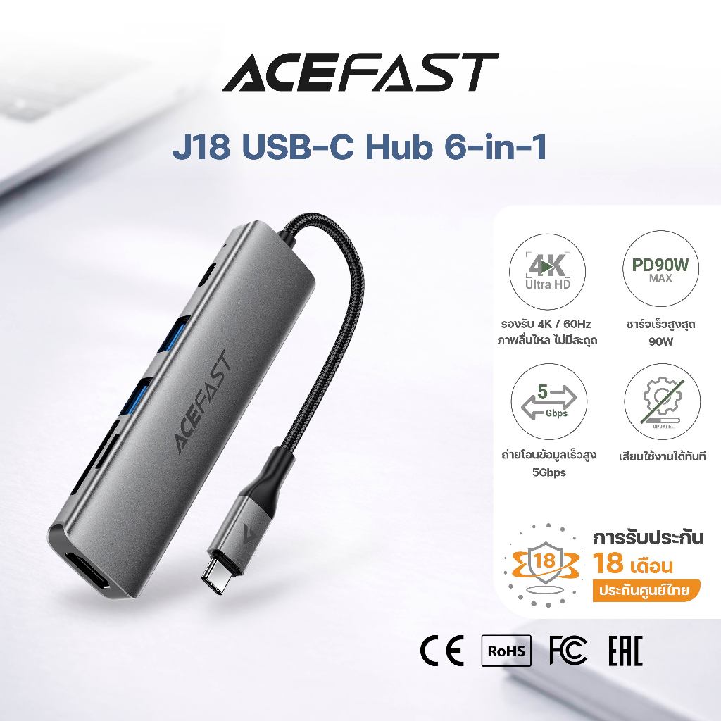 Acefast J18 USB-C ฮับ 6-in-1 HDMI 4K PD90W USB3.0 SD TF Docking Station สำหรับ MacBook / Laptop