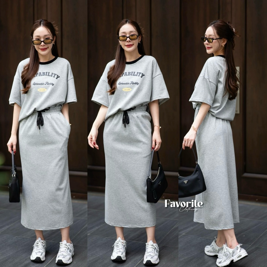 🌈🌿🌼🌺🌸🩶🤎🇰🇷 Cotton Screen Rim Top&Long Skirt Set