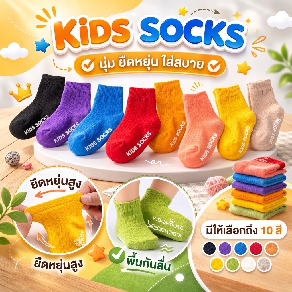 ถุงเท้าเด็กสีพื้น กันลื่น 0-5 ปี ผ้านุ่ม ใส่สบาย หลายสี