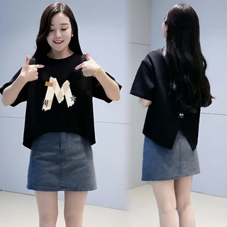 เสื้อครอปสาวอวบน่ารักสไตล์เกาหลี oversize เสื้อผ้าคนอ้วนไซส์ใหญ่ เสื้อยืดสวยๆผู้หญิงฤดูร้อนใหม่ ผ่าด้านหลัง ผ้าใส่สบาย