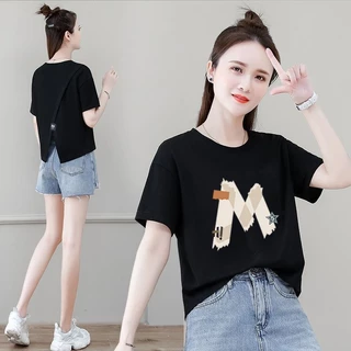 เสื้อครอปสาวอวบน่ารักสไตล์เกาหลี oversize เสื้อผ้าคนอ้วนไซส์ใหญ่ เสื้อยืดสวยๆผู้หญิงฤดูร้อนใหม่ ผ่าด้านหลัง ผ้าใส่สบาย
