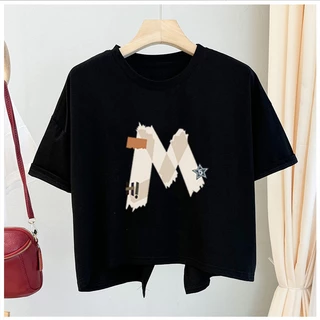 เสื้อครอปสาวอวบน่ารักสไตล์เกาหลี oversize เสื้อผ้าคนอ้วนไซส์ใหญ่ เสื้อยืดสวยๆผู้หญิงฤดูร้อนใหม่ ผ่าด้านหลัง ผ้าใส่สบาย