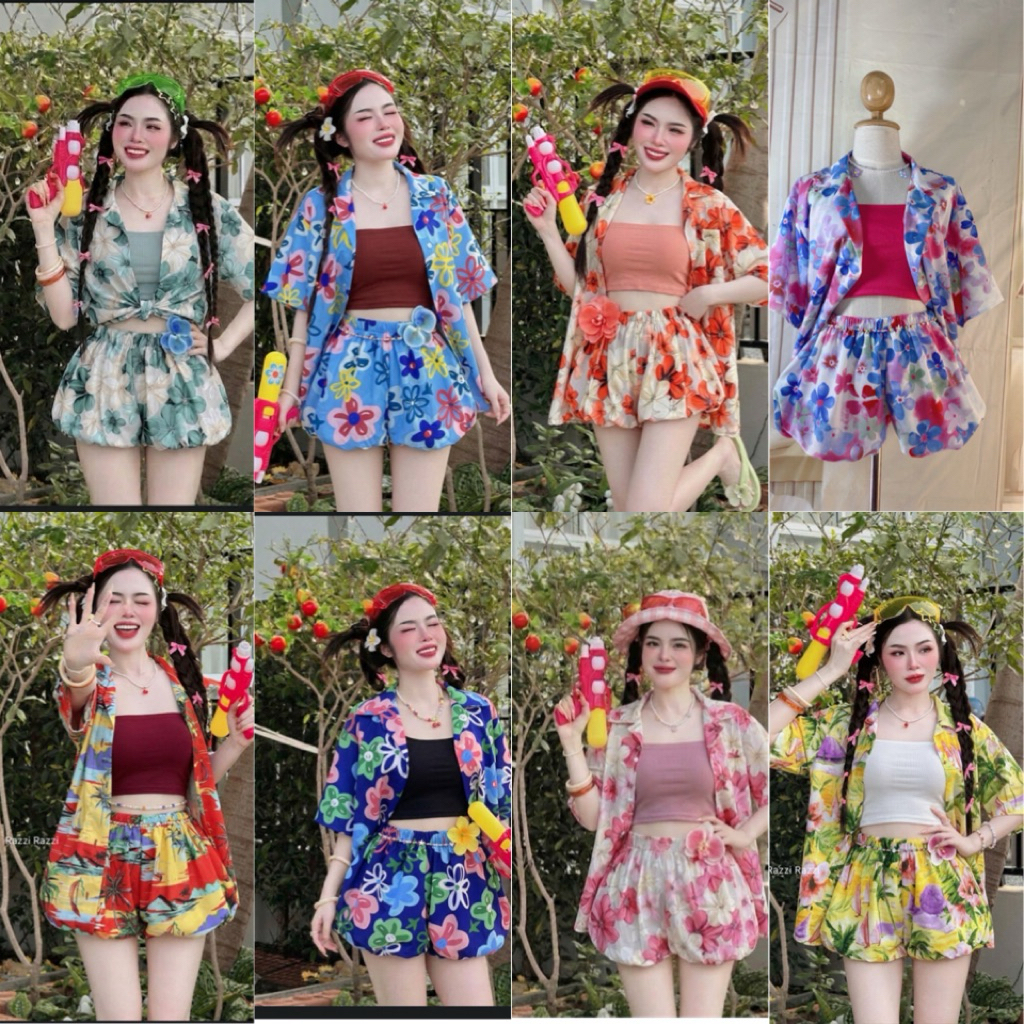 งาน3ชิ้น เสื้อฮาวาย+เกาะอก+กางเกงบอลลูน ลายดอกฮาวาย ลายทะเล