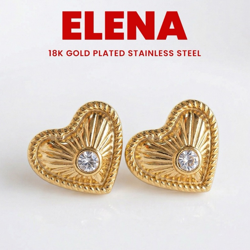 💖 Nice Accident รุ่น ‘Elena’ | ต่างหูสแตนเลสชุบทอง 18K รูปหัวใจประดับพลอย (18K Gold Plated Zirconia Heart Earrings)