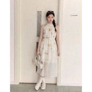 Iris dress เดรสยาวแขนกุดทรงปล่อย มีโบว์ผูกหลังคอ ผ้าเวลปัก มีซับใน (มีเชือกผูกเอว แยกชิ้น)