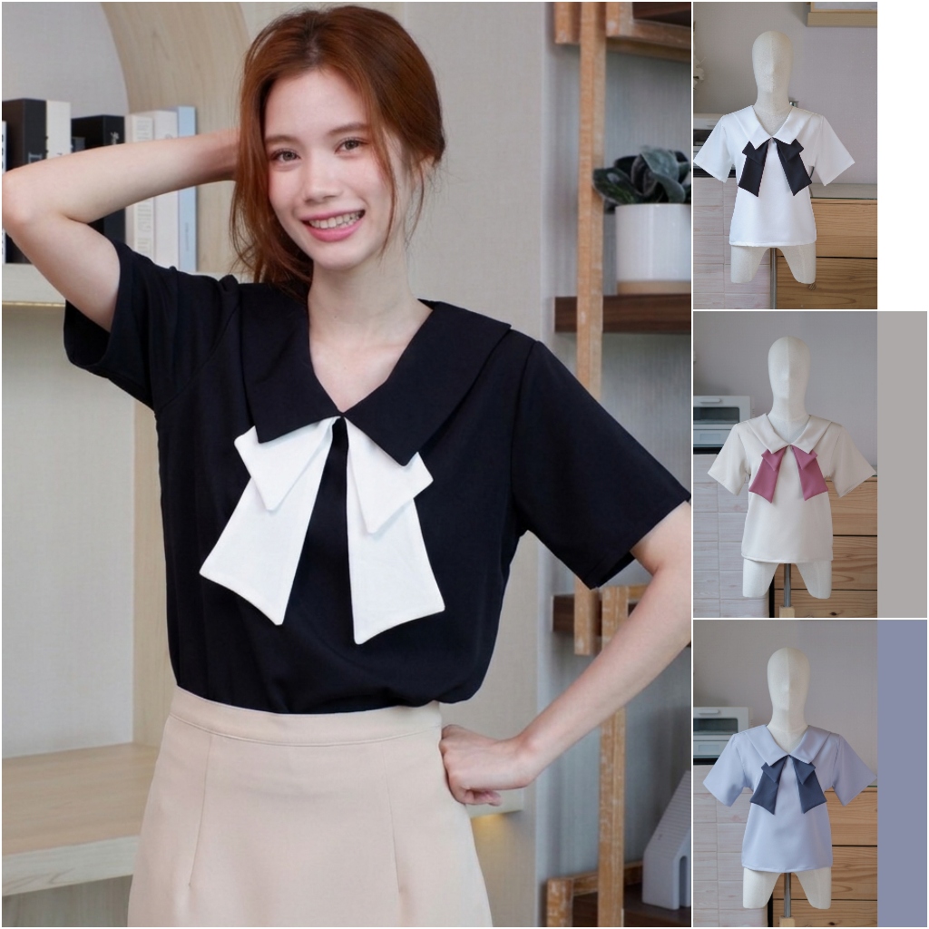 A23 เสื้อแขนสั้น คอปกสองชั้น แต่งริบบิ้นทูโทน แฟชั่น ชุดทำงาน สไตล์มินิมอล ร้าน Easter Egg