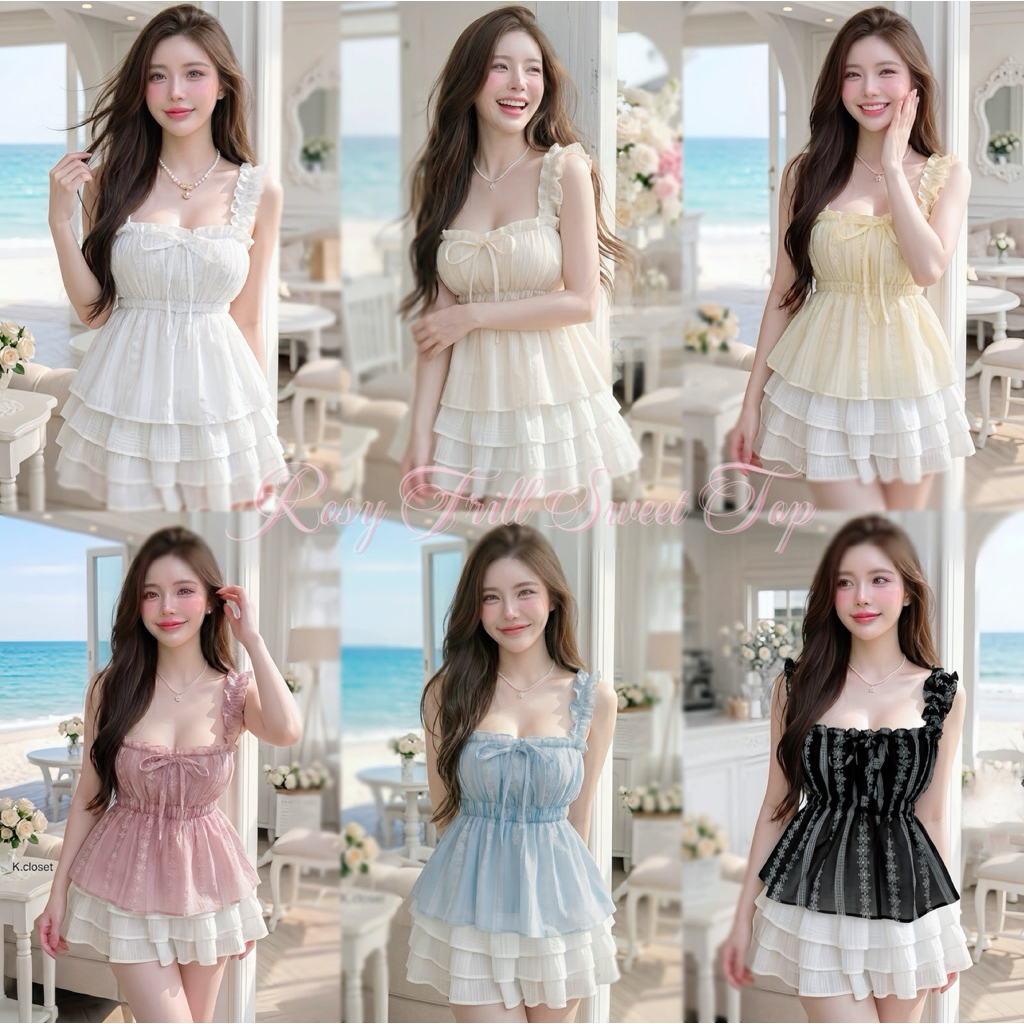 (อก30-44) เสื้อคอเหลี่ยมแขนระบายผ้าโรซี่พิมพ์ลาย ทรงน่ารักสาวอวบใส่ได้อกถึง44 นิ้ว(เสื้ออย่างเดียว)