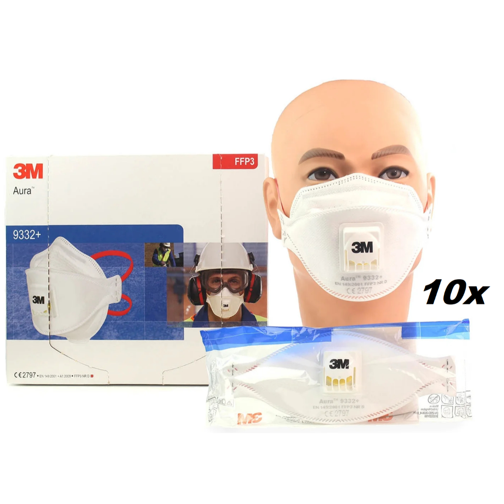 FFP3 รุ่น 3M 9332A+ (10ชิ้น/กล่อง) หน้ากากป้องกันฝุ่น ละออง ฟูมโลหะ พร้อมวาล์วระบายอากาศ แบบพับได้ ม