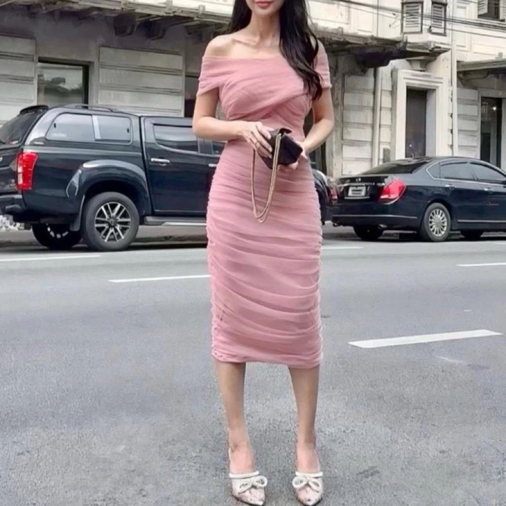 D21 Dress ชุดเดรสผ้าตาข่ายยืด ซับในยืดทั้งตัวทรงกระชับ สำหรับผู้หญิง แฟชั่นใหม่ล่าสุด