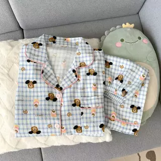 ชุดนอนลายริ้วสีเขียวลายสุนัขน่ารัก 2ชิ้น เสื้อสั้น กางเกงขาสั้น เหมาะฤดูร้อน ไซส์ M-2XL ส่งจากไทย