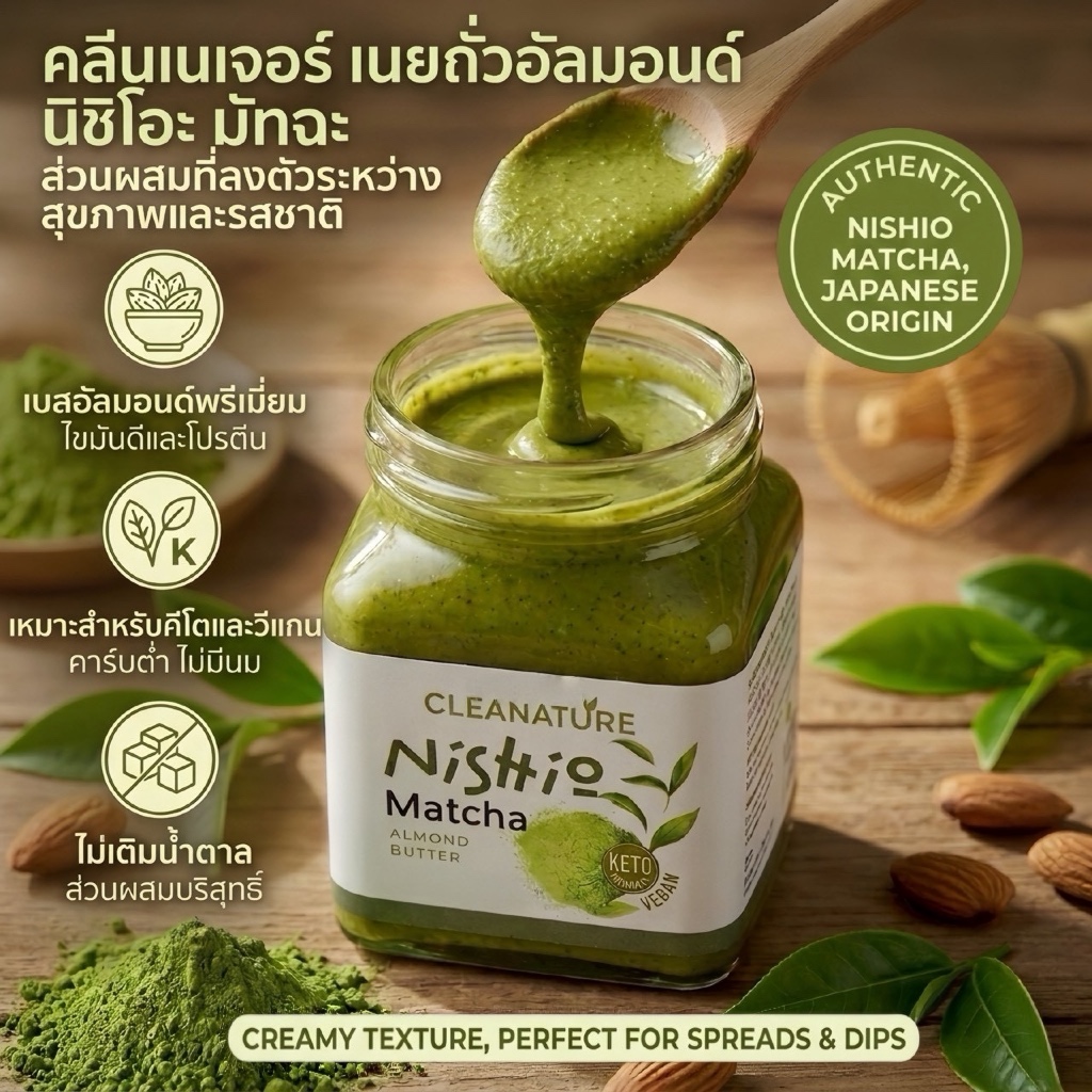 เนยถั่วอัลมอนด์ คลีน รสชาเขียว Nishio Matcha Almond Butter|ไม่เติมน้ำตาล|ไม่เติมน้ำมัน|ผลิตวันต่อวัน