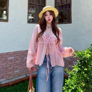 crop..shop เสื้อเเขนยาวลายสวย ด้านหน้าผูกได้จริง ตามใจชอบ สวยใสลมุนมาก งานดีสุดๆจ้า