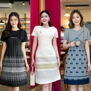 (มีซับใน ไม่อัดกาว) ชุดเดรสผ้าฝ้ายพิมพ์ลายสีดำ แต่งกั๊ก และโ…