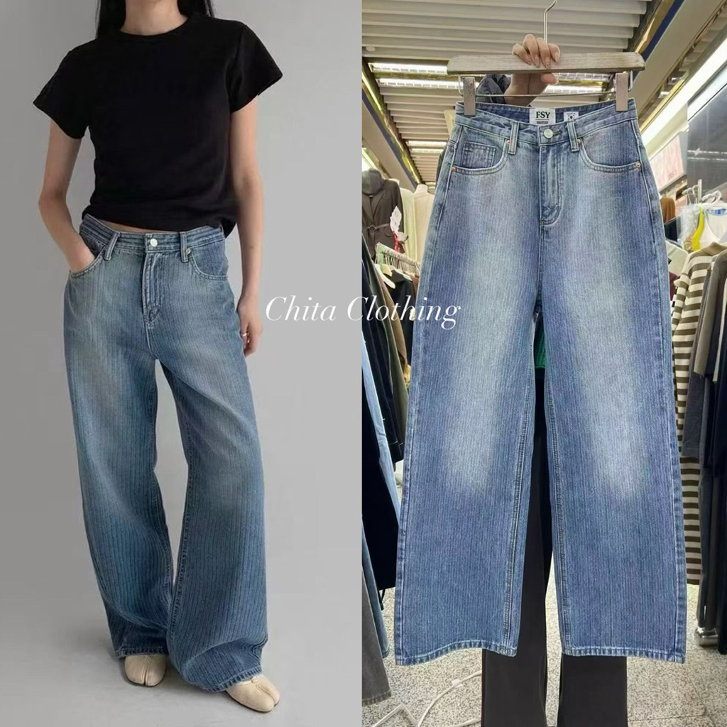 📍พร้อมส่ง📍🇰🇷FSY🇰🇷62003 Everyday Jeans กางเกงทรงขากระบอกกึ่งม้านิดๆ ดีเทลผ้าลายเส้น