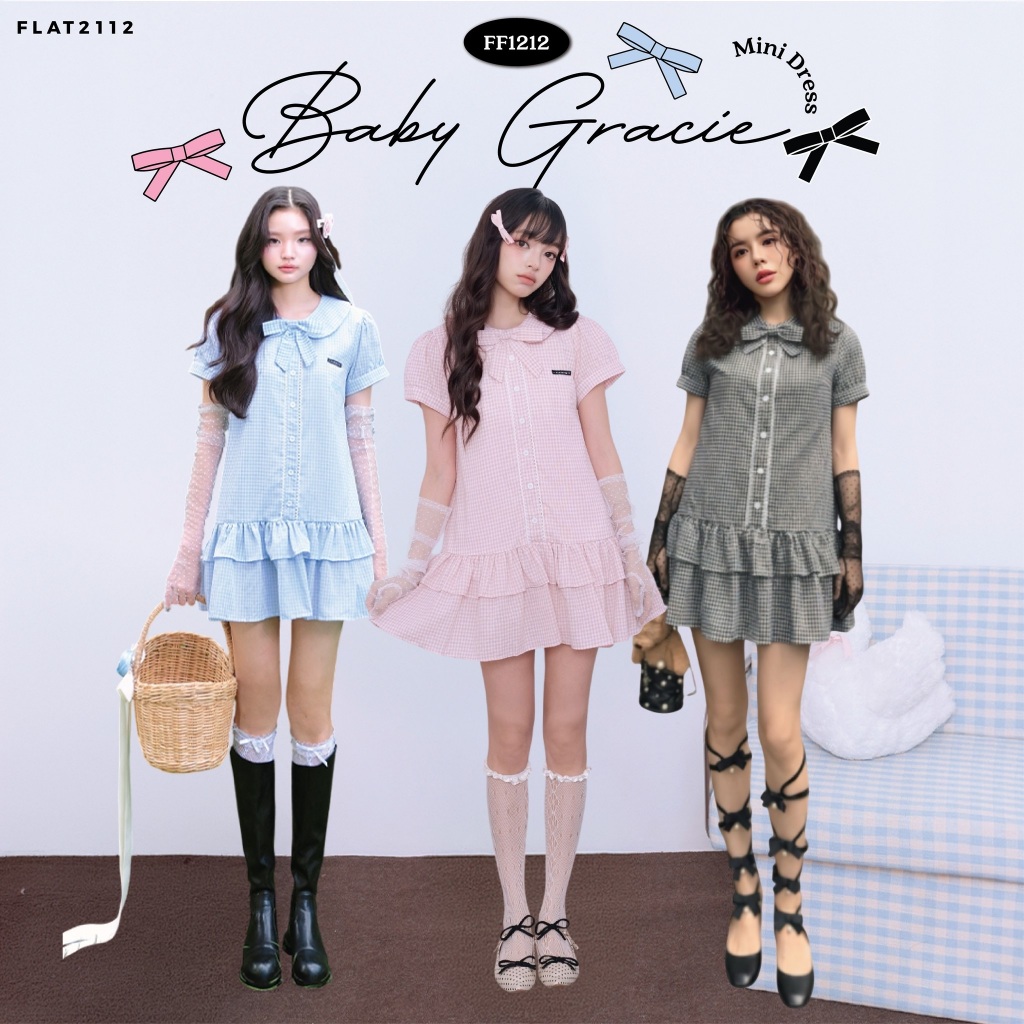 FLAT2112 : BABY GRACIE MINI DRESS มินิเดรสสุดชิค เดรสใส่เที่ยว เดรสสุดเก๋ มีพลัสไซซ์ (FF1212)