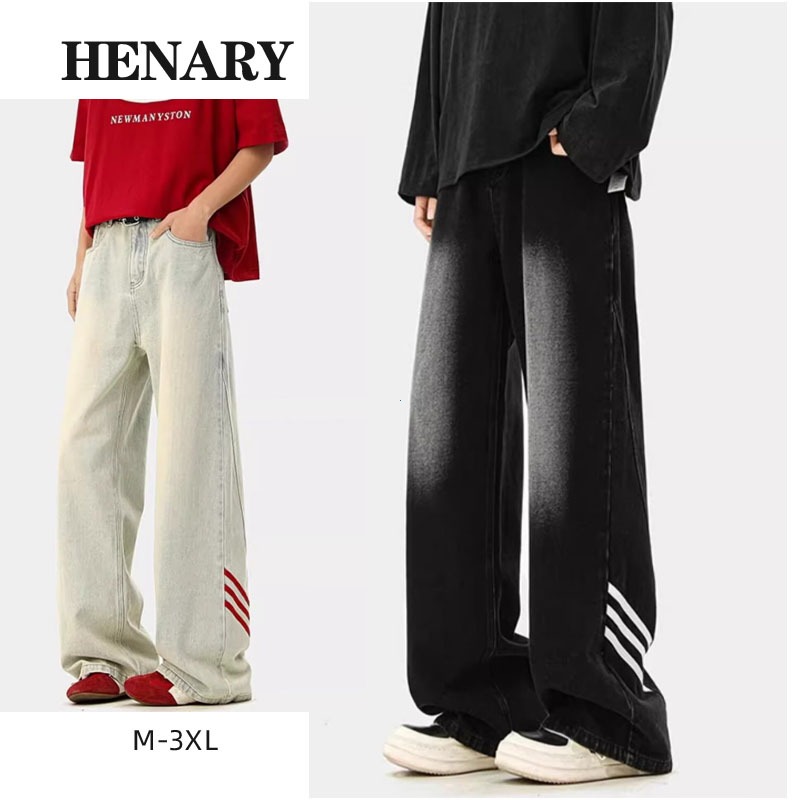 Henary กางเกงยีนส์ผู้ชาย สไตล์สตรีทฟัช ย้อนยุค ทรงขากว้าง ทรงหลวม ลายทาง ไซส์ M-3XL