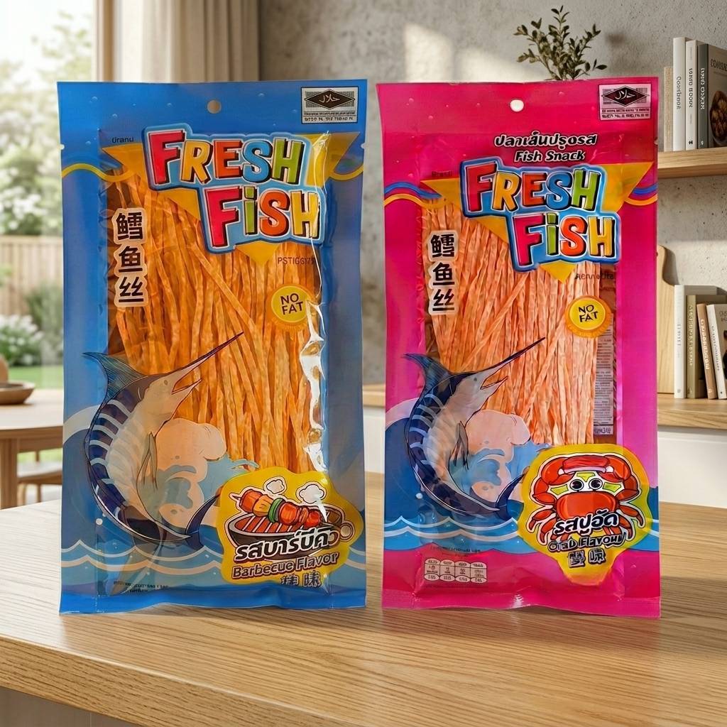 ปลาเส้นปรุงรส ตรา เฟรชฟิช บรรจุ 80 กรัม/ซอง มีให้เลือก 5 รส อร่อยมาก ขายดี