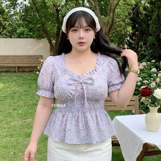 P20 🌼 [S-XXXXXL] เสื้อสาวอวบ ลายดอกไม้น่ารัก ทรงPeplum สวย ใส่สบาย แต่งโบว์หน้า มีสม็อคเอวยืด รอบอกใหญ่พิเศษ 32-60 นิ้ว