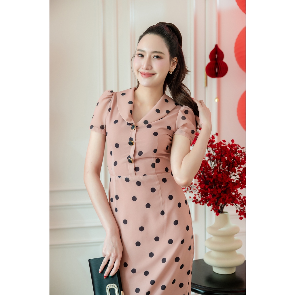 PD347 Polkadot Dress เดรสผ้าชีฟองลายจุด คอปก แขนสั้น  กระโปรงเข้ารูปทรงสอบ