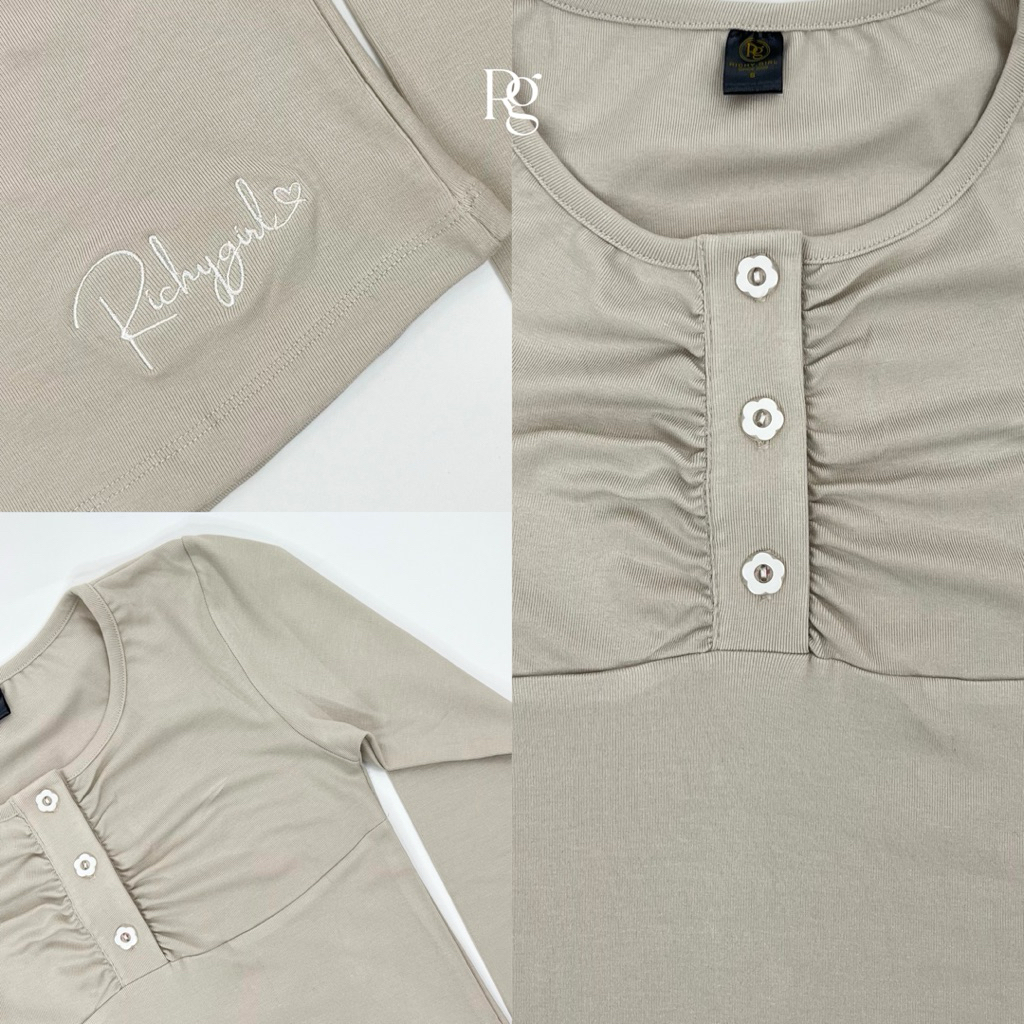 RICHYGIRL | Mellow Top เสื้อยืดแขนยาวผ้านุ่ม ใส่สบาย ยืดได้เยอะกระดุมดอกไม้ใช้งานได้ (S/M/L) ในไลฟ์1xx รูปที่ 4