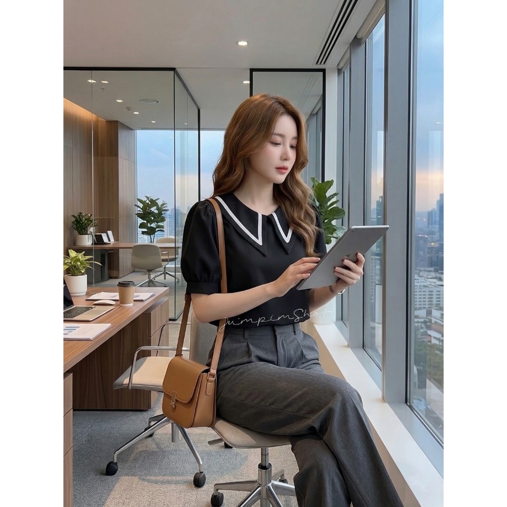 🖤 เสื้อปกแหลมแต่งเส้นตัดสีที่ขอบปก แขนพองตุ๊กตา ละมุนหรู ใส่ไว้ทุกข์ สง่างาม สุภาพเรียบร้อย Grace Lily Collar Blouse
