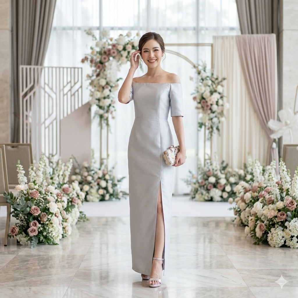 ชุดราตรีคนอ้วน ชุดราตรียาวมีแขน เปิดไหล่ ชุดไปงานแต่งกลางคืน คนอ้วนใส่สวย PFL067-GRY เทา/เงิน